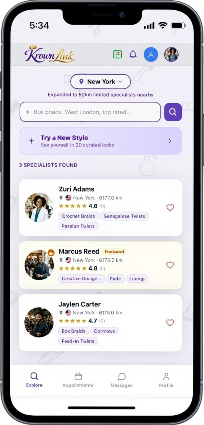KrownLink app showing stylist discovery in New York